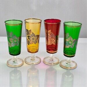 4 Vintage Footed Highball Collins Glasses Gold Floral MCM Jewel Tone Red Green